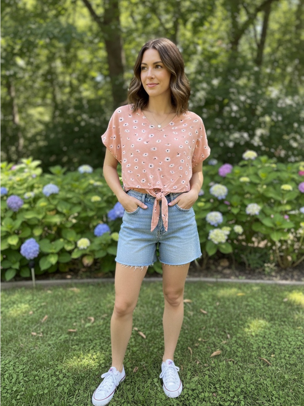 Women’s Pink Floral Tie-Front V-Neck Top